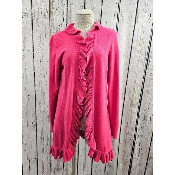 Women's M Magaschoni Cashmere Ruffle Open Front Cardigan Sweater Preppy Pink EUC - Picture 2 of 8